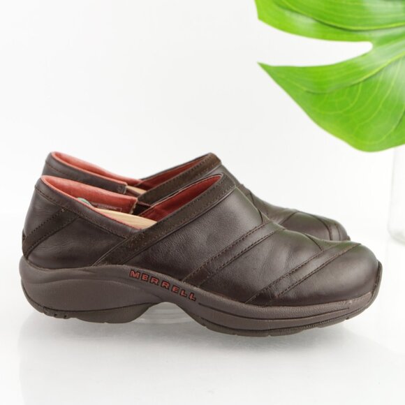 Merrell Womens Primo Patch Slip On Shoes Size 7 Brown Leather Work Clogs Comfy - Picture 7 of 11